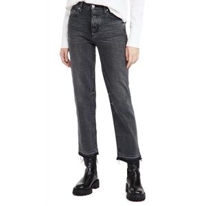 PAIGE Women’s Faded Black Raw Hem Button Fly Sarah Straight Ankle Jeans